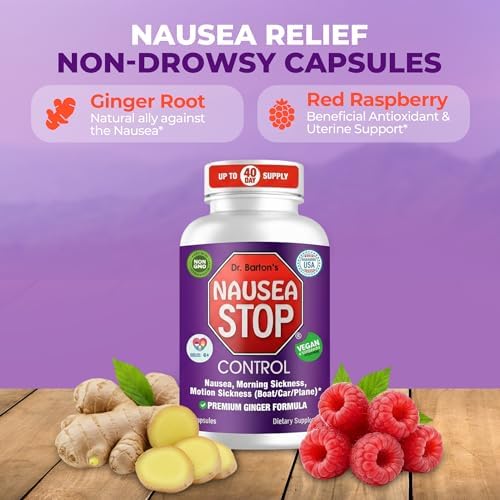 Dr. Barton’s Nausea Stop - Natural Ginger, Non-Drowsy Nausea Relief Pills for Adults & Kids, Anti Nausea, Upset Stomach, Morning Sickness & Pregnancy Nausea - Travel Essentials - 80 Capsules (1 Pack)