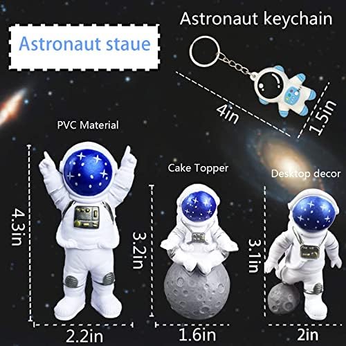 4PCS Astronaut Figurine, Blue Astronaut Figure Desktop Ornaments Resin Outer Space Birthday Cupcake Spaceman for Adult Party Funny Gift, 3PCS Astronaut and 1PCS Keychain, Desk Decor, Shelf Decor