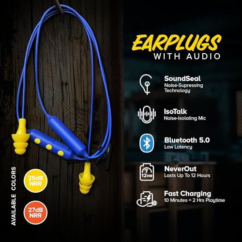 Plugfones Basic Pro Earplug Headphones Wireless Bluetooth in-Ear Earplug Earbuds 25 dB Noise Reduction Rating OSHA Approved Hearing Protection with Noise Isolating Mic and Controls (Blue & Yellow)