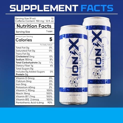 Zero Sugar Energy Drink - ionix Nootropic Drink to Boost Focus and Mood with L-Theanine, Natural Green Tea Caffeine, Vitamins & Prebiotic for Gut Health - 12 fl oz Cans (Pack of 12)