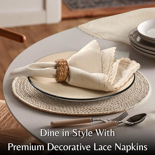 Ramanta Home Natural Coth Dinner Napkin Set of 12 Premium Cotton 20X20 Inch Oversized Linen Flax Lace Soft & Durable Washable Ideal for Easter, Spring Decor, Wedding Parties, Everyday Use