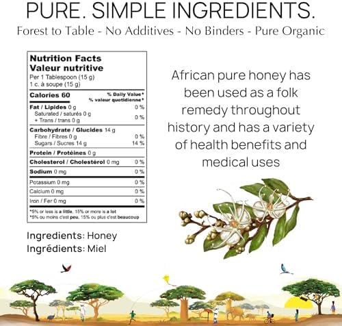 Miombo Blossom Organic Raw Honey in Glass Jar, Multifloral Organic Honey Harvested from Wild Raw Honeycomb, Unpasteurized Miel Cruda, 12.35oz