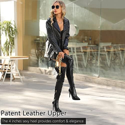 Women's Patent Leather PU Thigh High Boots Pointy Toe Side Zippe Fashion Comfy Sexy Stiletto High Heel Over The Knee Boots