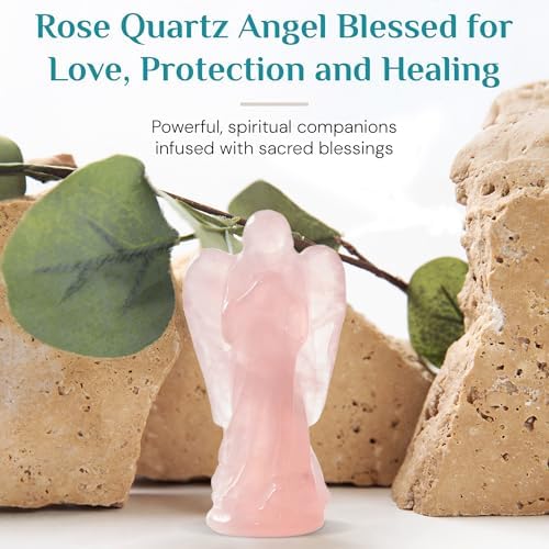 Rose Quartz Crystal Pocket Angel Figurine - 2 Inch Guardian Angel Healing Crystal Stone Statue Blessed with Angelic Energy for Healing, Love, Protection and Meditation, Small Spiritual Gift for Women