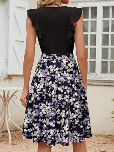 YATHON Women's Vintage Ruffle Floral Flared A Line Swing Casual Cocktail Party Dresses