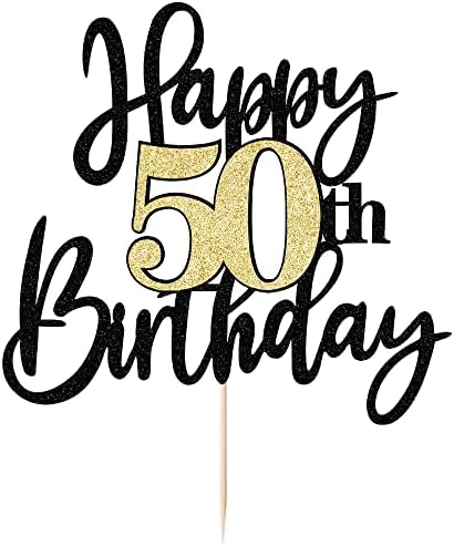 Black Gold Glitter Happy 50th Birthday Cake Topper,Happy 50 Birthday Cake Decoration for 50 & Fabulous Birthday,Hello 50 Party Anniversary Party Cake Decorations Supplies