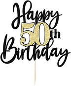 Black Gold Glitter Happy 50th Birthday Cake Topper,Happy 50 Birthday Cake Decoration for 50 & Fabulous Birthday,Hello 50 Party Anniversary Party Cake Decorations Supplies