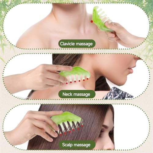 COMNICO Massage Comb, 2 PCS Jade Natural Guasha Scraping Scalp Comb Facial Care Massage Multifunctional Tool Gua Sha Comb Birthing Comb Massager for Head Caring Body Relaxing