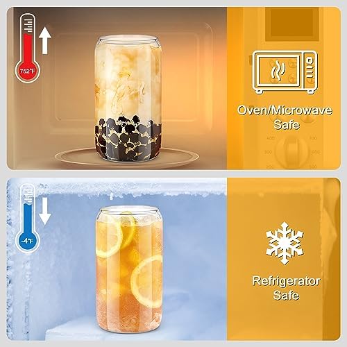 sungwoo 4PCS Glass Cups with Bamboo Lids and Straws, 16OZ Ice Coffee Cup, Drinking Cup set with Wooden Lids, Home Essential Glass Tumblers for Beer, Cocktail, Tea and Latte Clear