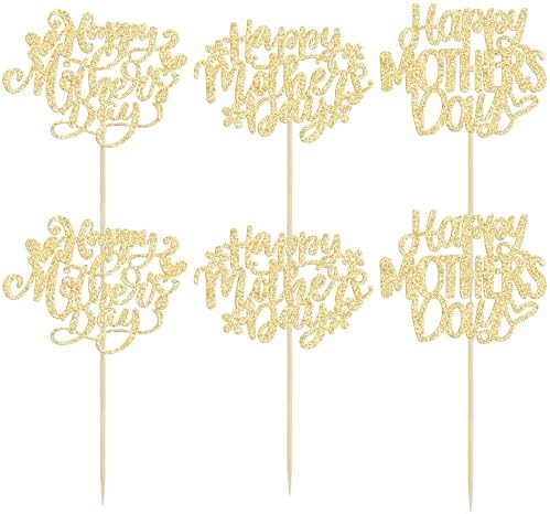 Ephlyn 24Pcs Happy Mothers Day Cupcake Toppers Mom Cupcake Picks Love Mum Cake Decoration Party Supplies for Mother's Day Party Decorations Supplies Gold