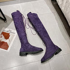 Women's Suede Over Knee High Boots Wide Calf Chunky Low Heel Stretchy Thigh High Boots Fashion Sexy Round Toe Lace Up Winter Long Boot