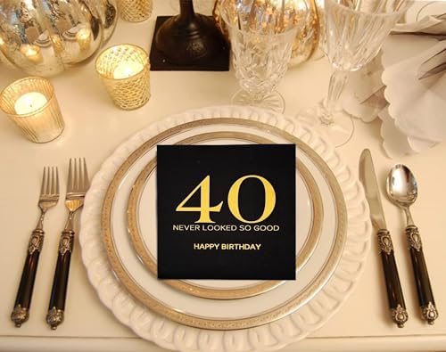 Black and Golden Happy 40th Birthday Napkins,40th Birthday 40th Wedding Anniversary Party Decorations Napkins for Men and Women 40pcs
