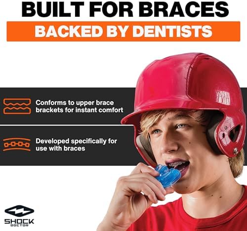 Shock Doctor Mouth Guard for Braces, Upper Teeth Protection, Instant Fit, Adult & Youth Sizes,Blue