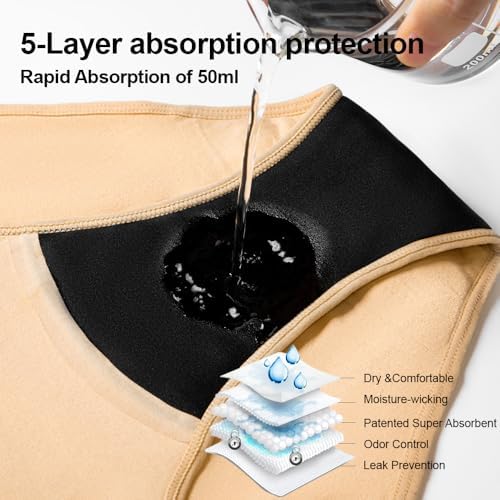 Battewa Cotton Incontinence Underwear for Women High Waisted Leak Proof Panties Bladder Leak Protective Briefs Adult Pee Proof Assurance Underwear (4Beige, L, 4 Pack)