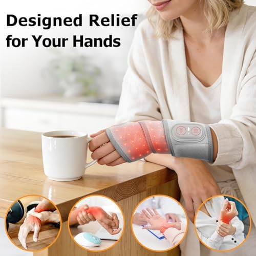 Cordless Wrist Heating Pad Massage, Wrist Massager with Heat and Red Light, Carpal Tunnel Massager, Red Light Therapy for Wrist and Hand, 660nm/850nm, Heated Wrist Wrap for Carpal Tunnel Relief