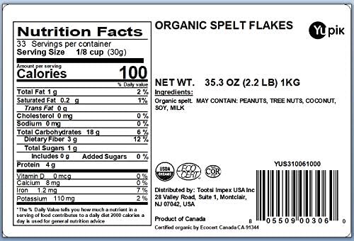 Yupik Organic Spelt Flakes, 2.2 lb (35.2 oz), Non-GMO, Kosher, Vegan, Made from Raw Whole Grains, Steamed, Rolled, & Lightly Roasted Flakes, Source of Fiber & Iron, Ideal for Cooking & Baking