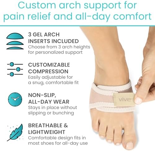Vive Foot Arch Support Brace (Pair) - Wrap Corrector for Flat Feet, Plantar Fasciitis, Pain Relief - Compression Sleeve Strap, Gel Bands Inserts for Women & Men (Beige)