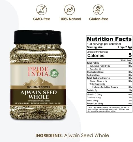 Pride of India - PACK of 6 - Ajwain Seed Whole 7 oz (200 gm) Medium Dual Sifter Jar | Gourmet Carom Seeds | Flavoring agent for Savory Dishes | Aromatic & Nutrient Dense | Easy to Use