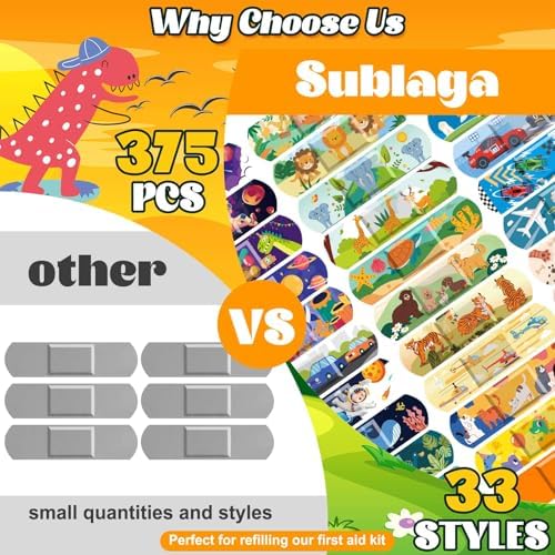 Sublaga 375 Pcs Kids Bandages, 33 Styles Cute Bandage for Kid, Toddler Bandage, Bandages Kids Variety Pack, Adhesive Flexible Cartoon Protection Care Cuts for Girls Boys