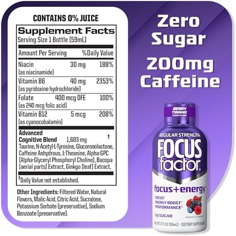 Focus Factor Focus + Energy Shots - 12 x 2oz Bottles (Berry Twang Flavor) - Powered by Nootropics with Caffeine, L-Theanine, Ginkgo, Bacopa, L-Tyrosine, Alpha GPC
