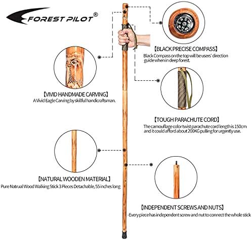 FOREST PILOT 3pc Detachable Fir Wood Walking Stick for Hiking with Compass 55 Inches - with Animal Carving - Soft Hand Strap - Rubber Tip Cover