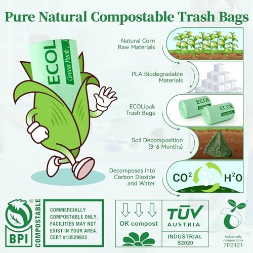 ECOLipak 13 Gallon Compostable Trash Garbage Bags, 50 Count (1 Roll) Biodegradable Heavy Duty Bathroom Kitchen Trash Bags for Home/Office, US BPI ASTM D6400 and OK Compost Home Certified