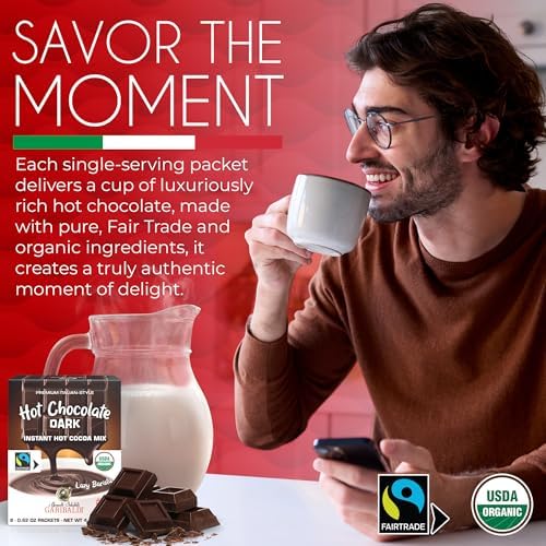Cafe Garibaldi Premium Dark Hot Chocolate - Organic Instant Cocoa Mix with Dark Cacao Powder, Fair Trade, Gluten-Free, & GMO-Free, 8 Servings x 0.62oz Packets, Ideal Italian Hot Chocolate Gift