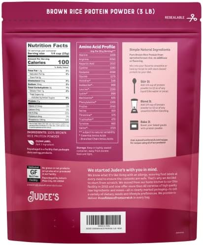 Judee's Gluten Free Brown Rice Protein Powder - Sprouted Rice Formula - Keto-Friendly Plant-Based Nutrition - Dairy & Soy-Free Shake Base - 3 lb, Unflavored, Pack of 1