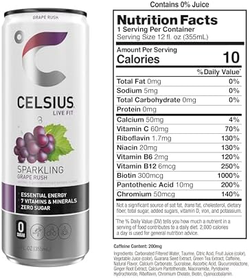 CELSIUS Sparkling Grape Rush, Sugar Free Energy Drink, 12 Fl Oz (Pack of 12)