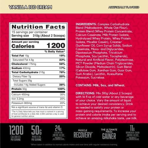 BSN TRUE-MASS Weight Gainer, Mass Gainer Protein Powder, Post Workout Muscle Recovery Powder, Muscle Gainer, 4:1 Carbs to Protein Ratio, Vanilla Ice Cream, 10.25 Pound, 15 Servings
