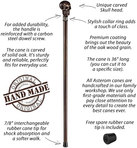 Asterom Skull Cane - Handmade - Skull Walking Stick | Vampire Gothic Walking Cane | Skull Canes for Men, Cool Steampunk Cane for Men
