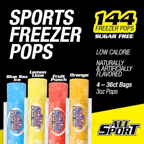 All Sport Sugar-Free - Freezer Pops, Giant Sized 3oz, 144 CT Refreshing Ice Pops with Electrolytes, B Vitamins & Potassium –Blue Raz Ice, Lemon Lime, Fruit Punch & Orange