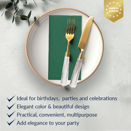 PAW - 50-Pack Disposable Dark Green Linen-Feel Guest Towels 8" x 4" Folded, European Quality Hand Towels, Elegant Dinner Napkins for Special Occasions - Wedding, Birthday, Holiday, Bridal Shower