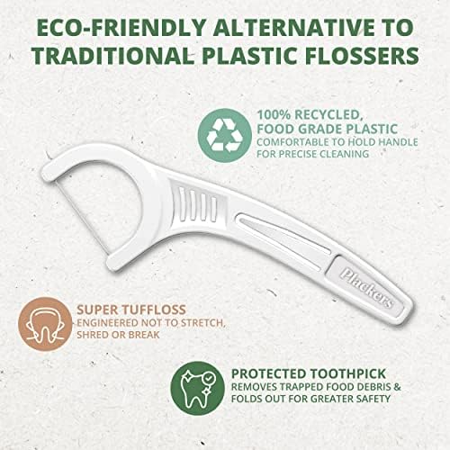 Plackers EcoChoice Fresh Mint Recycled Dental Flossers, Easy Grip Handle, Built in Toothpick, Made with 100% Recycled Food Grade Plastic, 360 Count (Pack of 4)