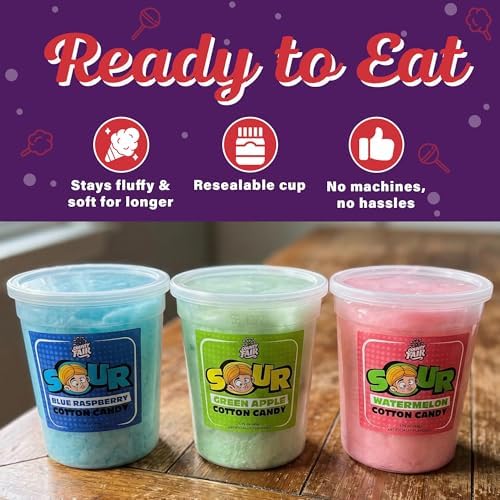 County Fair Sour Cotton Candy Trio Bundle, Tangy Snacks, Ready-to-Eat Blue Raspberry, Green Apple & Watermelon Cotton Candy Treats for Kids/Grown-Ups, Pack of 3 Tubs (1 per Flavor/1.75 oz Ea)
