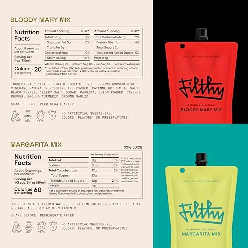 Filthy Margarita Mix & Bloody Mary Mix, Premium Cocktail Mixers for Easy At-Home Hosting for Parties and Events, All-Natural, 32 Oz Pouch Each