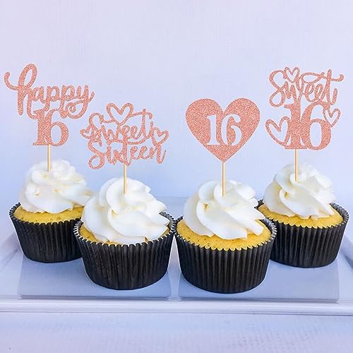 48 Pack Happy Sweet 16 Cupcake Toppers Sweet Sixteen 16 Happy 16 Cupcake Picks for 16th Birthday Wedding Anniversary Party Cake Decorations Supplies Rose Gold