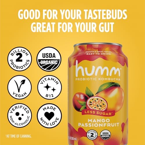 Humm Probiotic Kombucha The Original Variety 12 Pack, Organic, 2 Billion Probiotics for Gut Health, Mango Passionfruit, Blueberry Mint and Strawberry Lemonade
