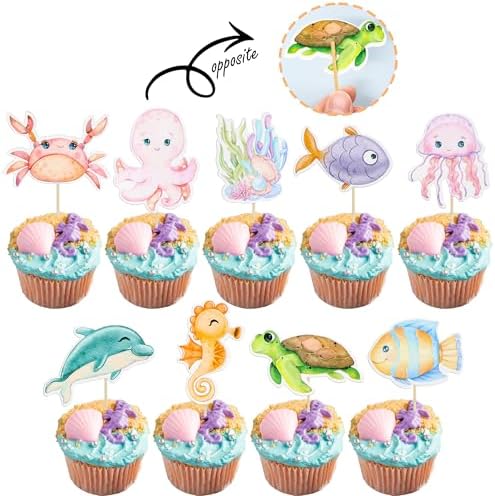 Ephlyn 36Pcs Ocean Animal Cupcake Toppers Under the Sea Turtles Octopus Cupcake Picks Seahorse Coral Cake Decorations for Under the Sea Theme Baby Shower Birthday Party Supplies