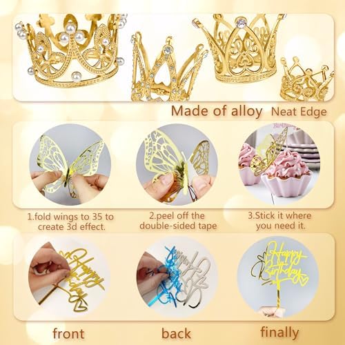 44 PCS Gold Crown Cake Decoration 16 PCS Mini Crown Tiny Crown with 24 PCS Butterfly Wall Decors and 4 PCS Birthday Cake Topper for Women Girl Crown Birthday Party Wedding Cake Decor