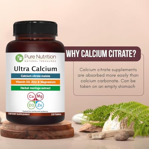 Pure Nutrition Ultra Calcium 1000mg with VIT D3 + K2 | 240 Tabs (120 X Pack of 2) | Calcium Supplement with Calcium Citrate Malate, VIT D3, K2, Moringa Oleifera, Magnesium and Zinc.