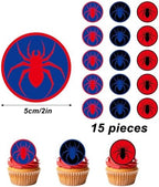 15pcs Edible Cupcake Toppers, 5cm/2 Inch Round Spider Happy Birthday Edible Cake Decoration Red Cartoon Spider Cakes Decor for Kids Boys Girls Birthday Theme Party (3 Design)