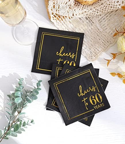 Cheers to Years Cocktail Napkins - 50 PK - 3-Ply Birthday Napkins 5x5 Inches Disposable Party Napkins Beverage Paper Napkins or Birthday Decorations Wedding Anniversary Black and Gold (60 Years)