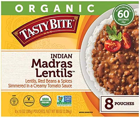 Tasty Bite Organic Vegetarian All Natural Indian Madras Lentils: Lentils, Red Beans, & Spices Simmered in a Creamy Tomato Sauce - 8 ct. (10 oz.)