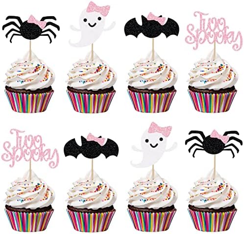 24Pcs Pink Black Two Spooky Cupcake Toppers Halloween 2nd Birthday Cupcake Toppers for Two Spooky Halloween Birthday Cupcake Topper Decor