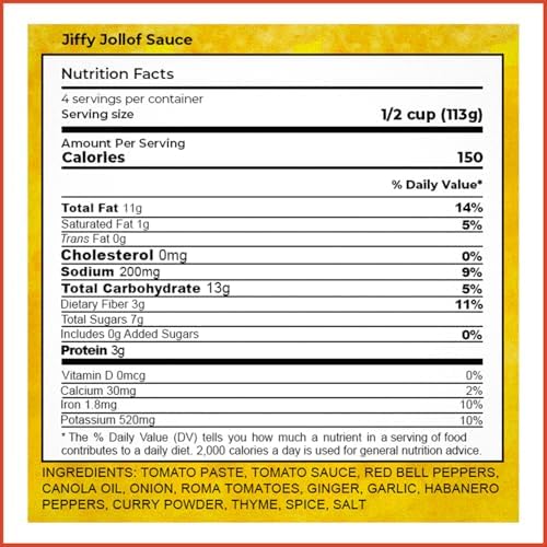 Jiffy Jollof Sauce, Authentic Nigerian Tomato Pepper Blend for One-Pot Meals, Spicy Pasta, Roasted Bell Pepper Stew, Hot Cooking Sauce, 16oz Food Jar (Medium)