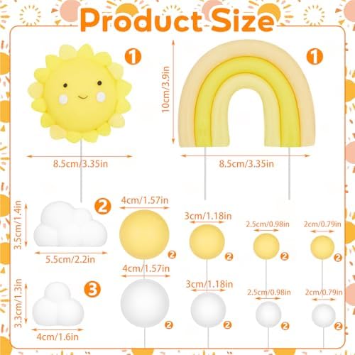 CroBlissful 23 Pcs Sun Cake Toppers Soft Pottery with Sun Flower Smile Face Clouds Rainbow and Balls Cake Decorations for Sunshine Birthday Wedding Party Supplies