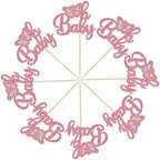 Gyufise 24Pcs Pink Glitter Oh Baby Butterfly Cupcake Toppers Gender Reveal Babyshower Cake Decorations Butterfly Theme Baby Shower Girls Birthday Party Cake Decorations Supplies