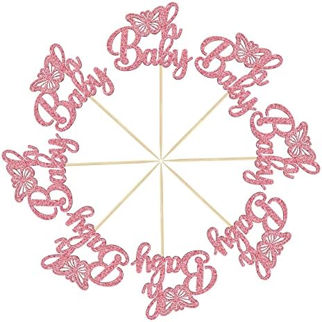 Gyufise 24Pcs Pink Glitter Oh Baby Butterfly Cupcake Toppers Gender Reveal Babyshower Cake Decorations Butterfly Theme Baby Shower Girls Birthday Party Cake Decorations Supplies