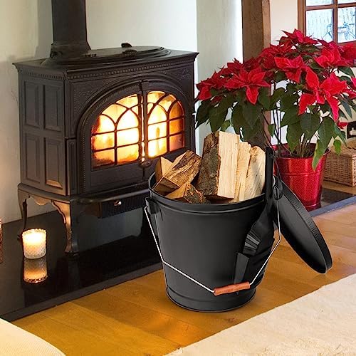 JupiterForce Ash Bucket with Lid and Shovel, 5.15 Gallon Large Galvanized Metal Hot Coal Wood Ash Carrier Pail for Fireplace, Fire Pits, Wood Burning Stoves, Grill, Outdoor Camping, Black